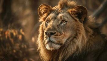 majestueus leeuw staren vacht glinsterend in zonlicht gegenereerd door ai foto