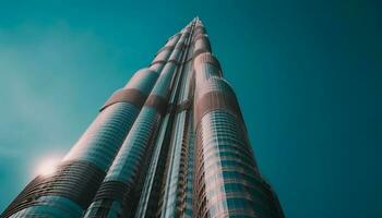 glimmend staal wolkenkrabber weerspiegelt modern stad leven succes gegenereerd door ai foto