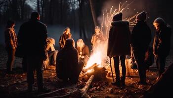 groep van mensen genieten van natuurlijk vreugdevuur buitenshuis gegenereerd door ai foto