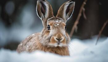 pluizig haas zit in sneeuw schattig portret gegenereerd door ai foto