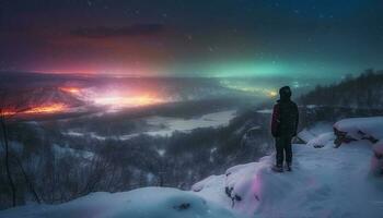 een persoon wandelen berg top in winter gegenereerd door ai foto