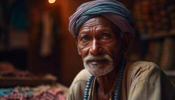 senior Indisch kleermaker glimlachen op zoek Bij camera gegenereerd door ai foto