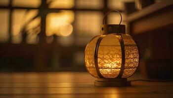 gloeiend lantaarn verlicht oud fashioned Kerstmis decor binnenshuis gegenereerd door ai foto