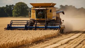 rijp tarwe snijdend met zwaar machinerie buitenshuis gegenereerd door ai foto