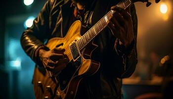 een Mens spelen gitaar Aan stadium Bij nacht gegenereerd door ai foto