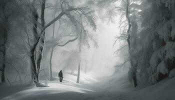 silhouet wandelen door spookachtig winter Woud mysterie gegenereerd door ai foto