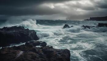 breken golven Botsing tegen rotsachtig kustlijn dramatisch lucht gegenereerd door ai foto