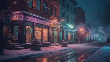 winter nacht verlichte stadsgezicht sneeuw gedekt voetpaden gegenereerd door ai foto