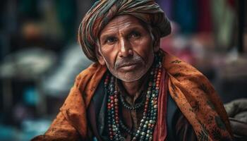 glimlachen sadhu zittend buitenshuis in traditioneel kleding gegenereerd door ai foto