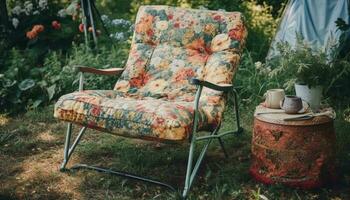 comfortabel stoel in rustiek Woud weide instelling gegenereerd door ai foto