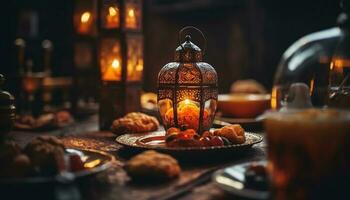 gloeiend kaarslicht verlicht rustiek Ramadan viering tafel gegenereerd door ai foto