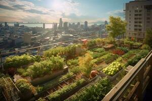 verbijsterend op het dak tuin met een adembenemend visie van de stad horizon. stedelijk agrarisch concept. generatief ai foto