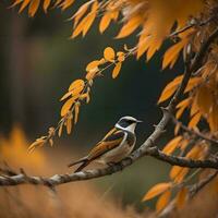 detailopname schot van een vogel neergestreken Aan een Afdeling in herfst. generatief ai foto