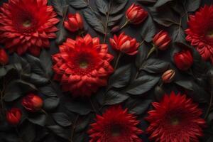 bloemen samenstelling. rood dahlia's Aan zwart achtergrond. vlak leggen, top visie, kopiëren ruimte. ai gegenereerd foto