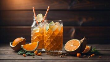 cocktails met oranje, limoen en ijs Aan een houten achtergrond. generatief ai foto