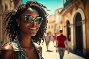 glimlach Aan een vrouw gezicht terwijl Aan vakantie in zonnig Europa ai gegenereerd foto