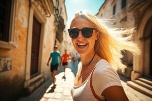 selfie Aan vakantie genomen door een jong gelukkig vrouw ai gegenereerd foto