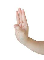 vrouw hand- gebaar tonen drie vingers teken geïsoleerd Aan wit achtergrond foto