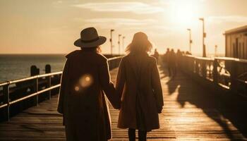 jong paar omarmt in zonsondergang, Holding handen gegenereerd door ai foto