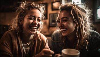 twee jong Dames zitten, lachend, genieten van koffie samen gegenereerd door ai foto