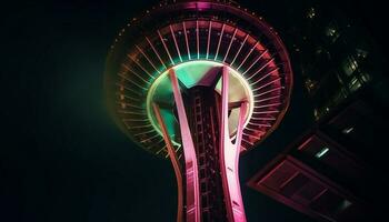 futuristische wolkenkrabber gloeit met levendig multi gekleurde lichten gegenereerd door ai foto