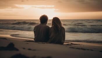 jong paar omarmen in zonlicht Aan strand gegenereerd door ai foto