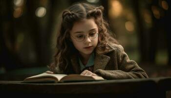 een schattig meisje lezing boek buitenshuis, glimlachen gegenereerd door ai foto