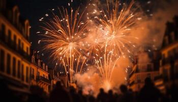 vuurwerk exploderen, verhelderend levendig stad horizon Bij nacht gegenereerd door ai foto