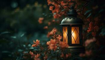 antiek lantaarn verlicht rustiek viering met gloeiend kaarslicht in natuur gegenereerd door ai foto