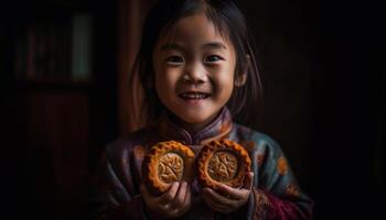 schattig meisjes Holding koekjes, glimlachen met vreugde, vieren winter zoetheid gegenereerd door ai foto