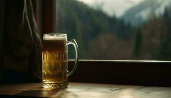 een schuimig drinken in een bier glas Aan een rustiek tafel gegenereerd door ai foto