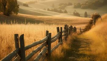 rustig tafereel zonsopkomst over- de rustiek boerderij hek en weide gegenereerd door ai foto