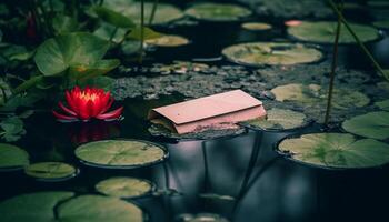 lotus bloem drijvend Aan vijver, symbool van geestelijkheid en kalmte gegenereerd door ai foto