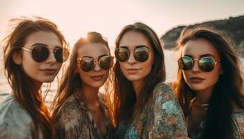 een groep van zorgeloos jong volwassenen genieten zomer vakanties buitenshuis gegenereerd door ai foto