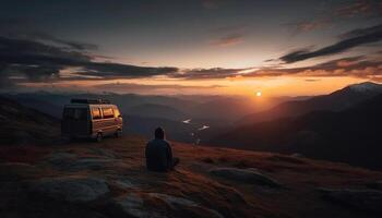 zittend boven berg piek, een persoon geniet zonsondergang ontspanning gegenereerd door ai foto