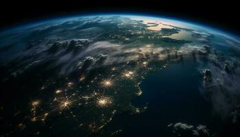 abstract gloeiend gebied verlicht donker stratosfeer, in een baan om de aarde planeet schoonheid gegenereerd door ai foto