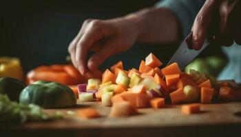 gezond maaltijd voorbereiding hakken vers groenten Aan houten snijdend bord gegenereerd door ai foto