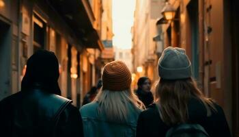 een groep van jong volwassenen wandelen samen, genieten van stad nachtleven gegenereerd door ai foto