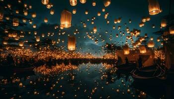 traditioneel lantaarn ceremonie verlicht nacht lucht in oosten- Aziatisch cultuur gegenereerd door ai foto
