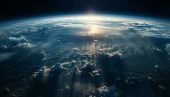 abstract heelal panorama blauw planeet en berg reeks in stratosfeer gegenereerd door ai foto