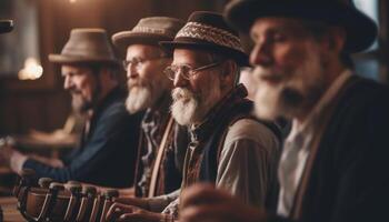 een groep van glimlachen volwassenen genieten van een musical prestatie samen gegenereerd door ai foto