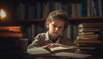 glimlachen schooljongen zittend Bij bureau, Holding leerboek, aan het studeren literatuur gegenereerd door ai foto