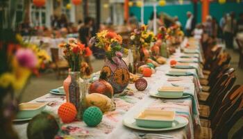 kleurrijk tafel decoratie met vers fruit en traditioneel festival souvenir gegenereerd door ai foto