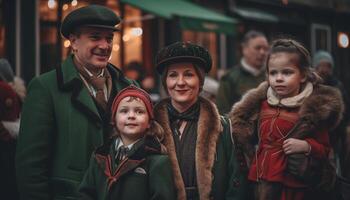 een vrolijk familie omarmt buitenshuis, genieten van winter vakanties en liefde gegenereerd door ai foto