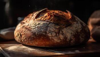 vers gebakken zuurdesem brood Aan rustiek houten snijdend bord gegenereerd door ai foto