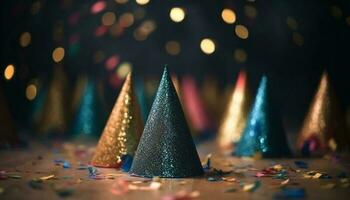 nieuw jaar viering confetti, decoratie, en gloeiend goud backdrop gegenereerd door ai foto