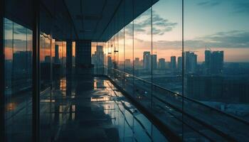 modern stad horizon weerspiegelt in glas wolkenkrabber Bij schemer gegenereerd door ai foto