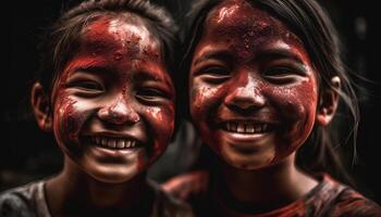 twee jong Dames met toothy glimlacht genieten speels bonding buitenshuis gegenereerd door ai foto