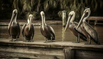 een multi gekleurde pelikaan neerstrijken Aan een steiger, gefocust en majestueus gegenereerd door ai foto