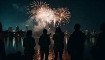 explosief vuurwerk licht omhoog stad horizon, ontsteken vreugde en viering gegenereerd door ai foto